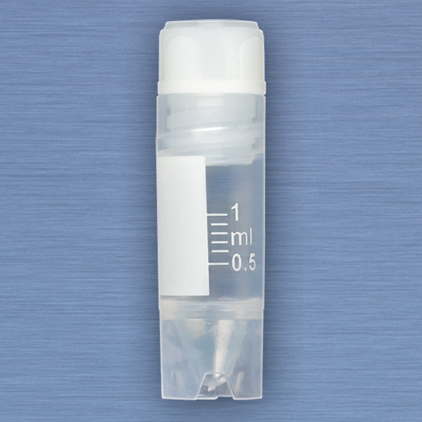 Globe Scientific CryoCLEAR vials, 1.0mL, STERILE, Internal Threads, Attached Screwcap with Co-Molded Thermoplastic Elastomer (TPE) Sealing Layer, Conical Bottom, Self-Standing, Printed Graduations, Writing Space and Barcode, 50/Bag Image